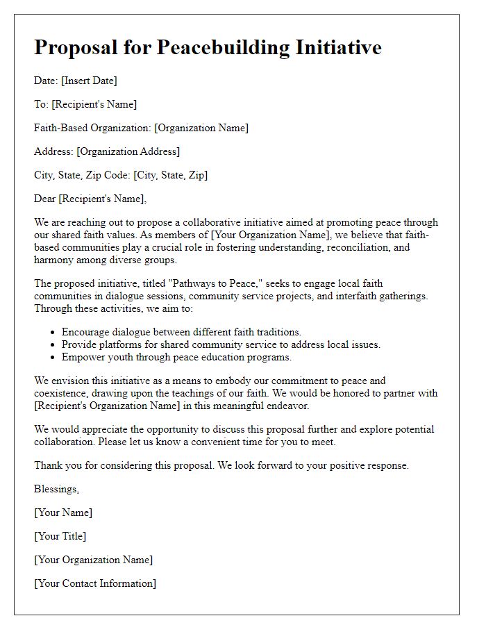 Letter template of a peacebuilding initiative proposal tailored for faith-based organizations promoting peace.