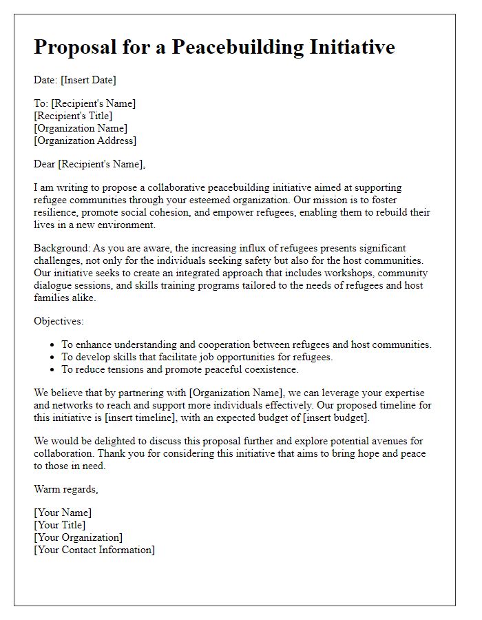 Letter template of a peacebuilding initiative proposal targeting refugee support organizations.