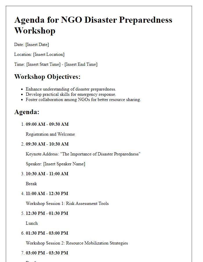 Letter template of agenda for NGO disaster preparedness workshop