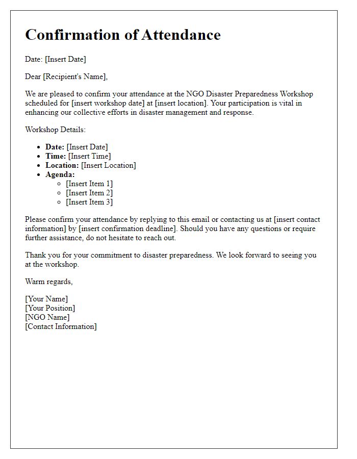 Letter template of confirmation for attendees of NGO disaster preparedness workshop