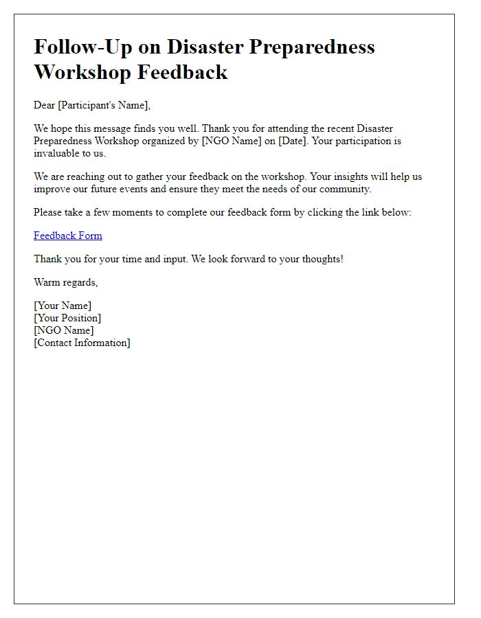 Letter template of follow-up for NGO disaster preparedness workshop feedback