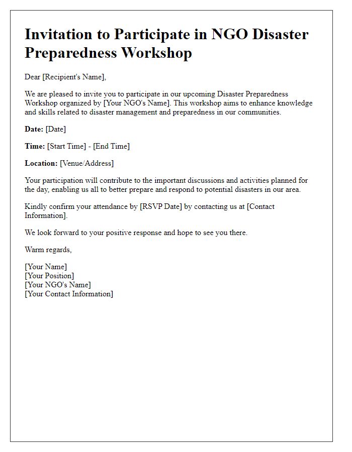 Letter template of invitation for NGO disaster preparedness workshop participation