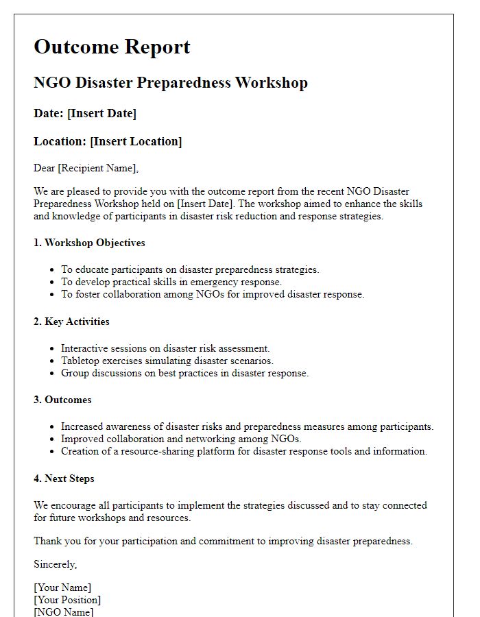 Letter template of outcome report for NGO disaster preparedness workshop