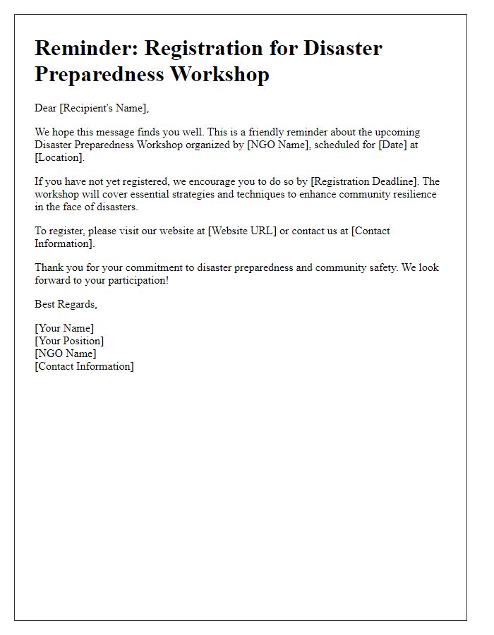 Letter template of registration reminder for NGO disaster preparedness workshop