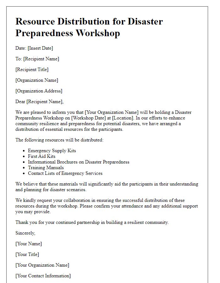 Letter template of resource distribution for NGO disaster preparedness workshop