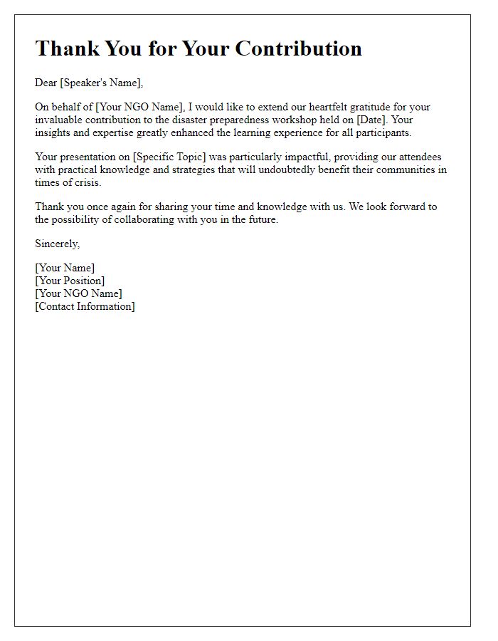 Letter template of thank you for NGO disaster preparedness workshop speakers