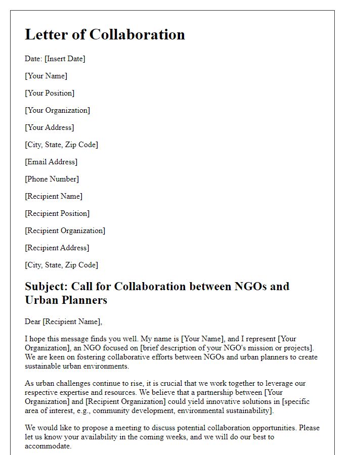 Letter template of calls for collaboration between NGOs and urban planners