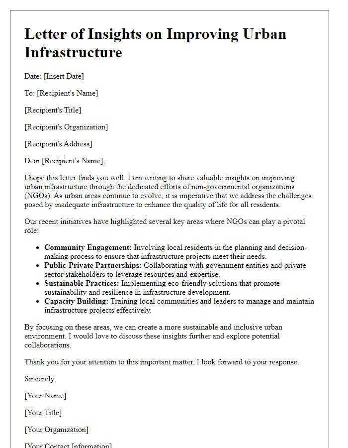 Letter template of insights on improving urban infrastructure through NGO efforts