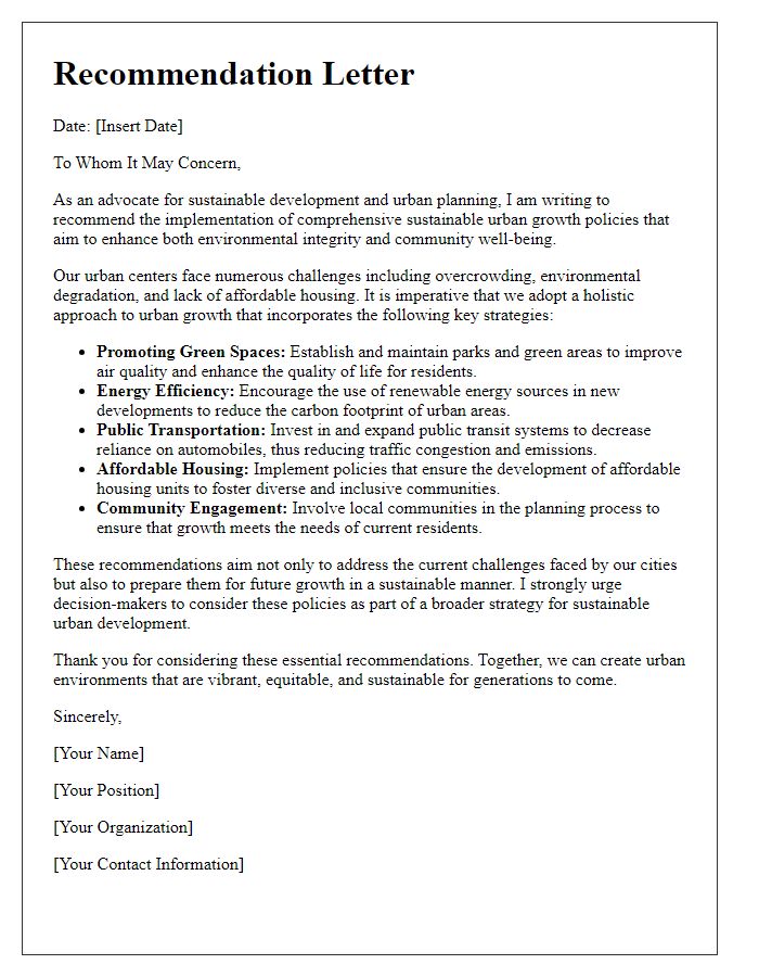 Letter template of recommendations for sustainable urban growth policies