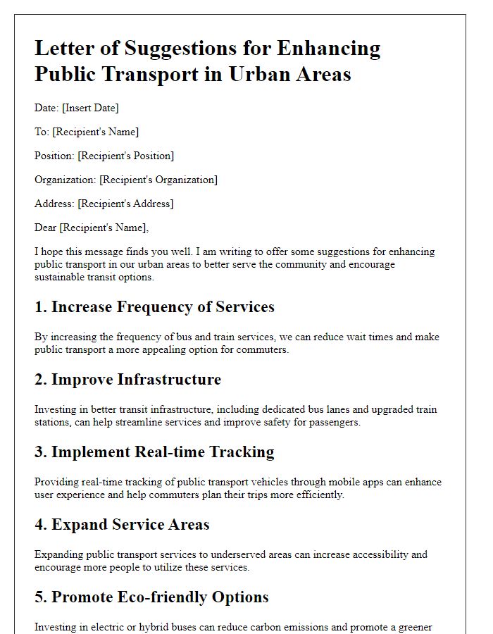 Letter template of suggestions for enhancing public transport in urban areas