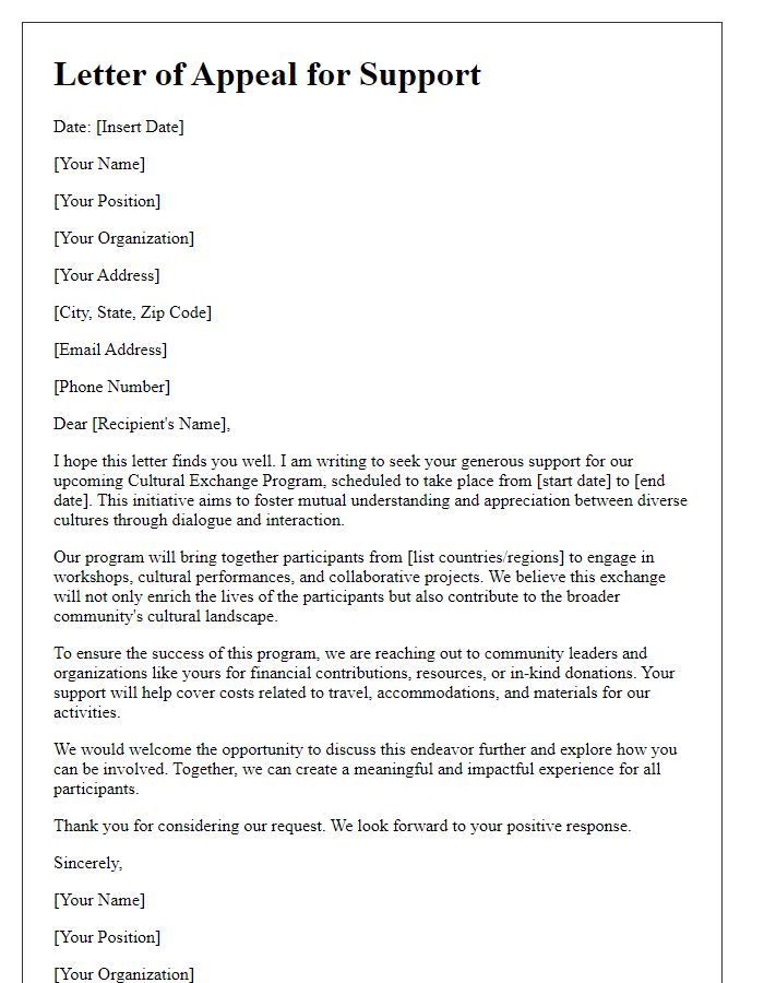 Letter template of appeal for support in our cultural exchange program