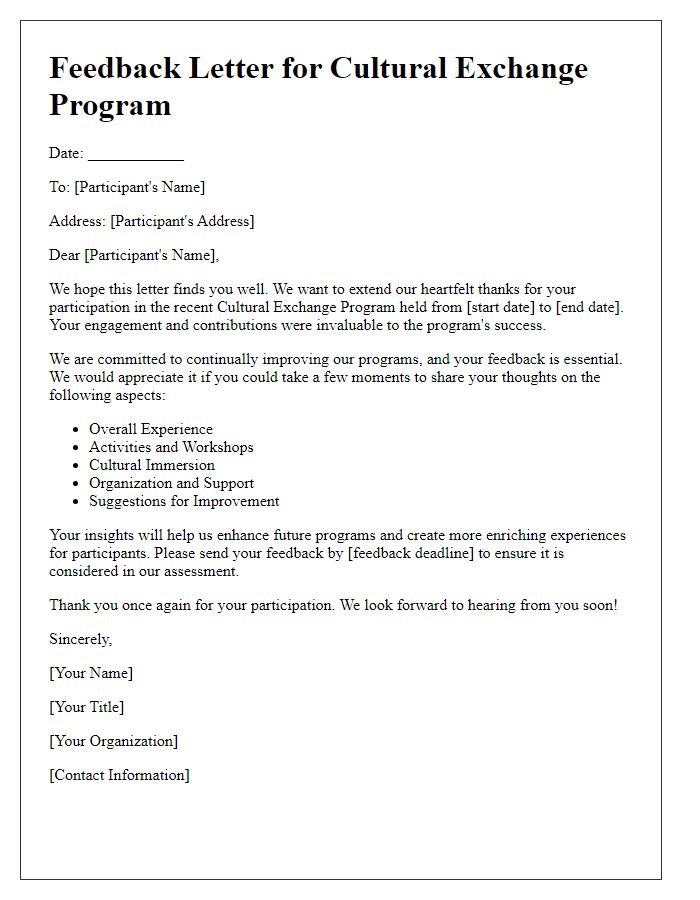 Letter template of assessment for cultural exchange program feedback