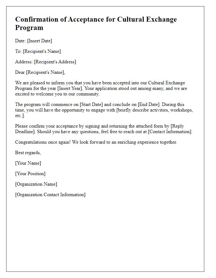 Letter template of confirmation for cultural exchange program acceptance