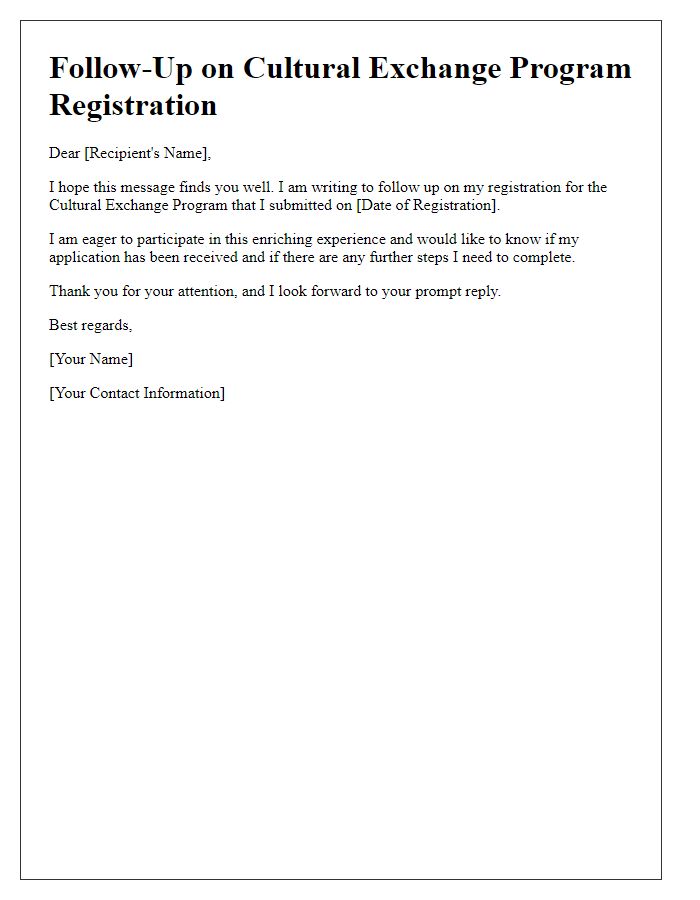 Letter template of follow-up for cultural exchange program registration