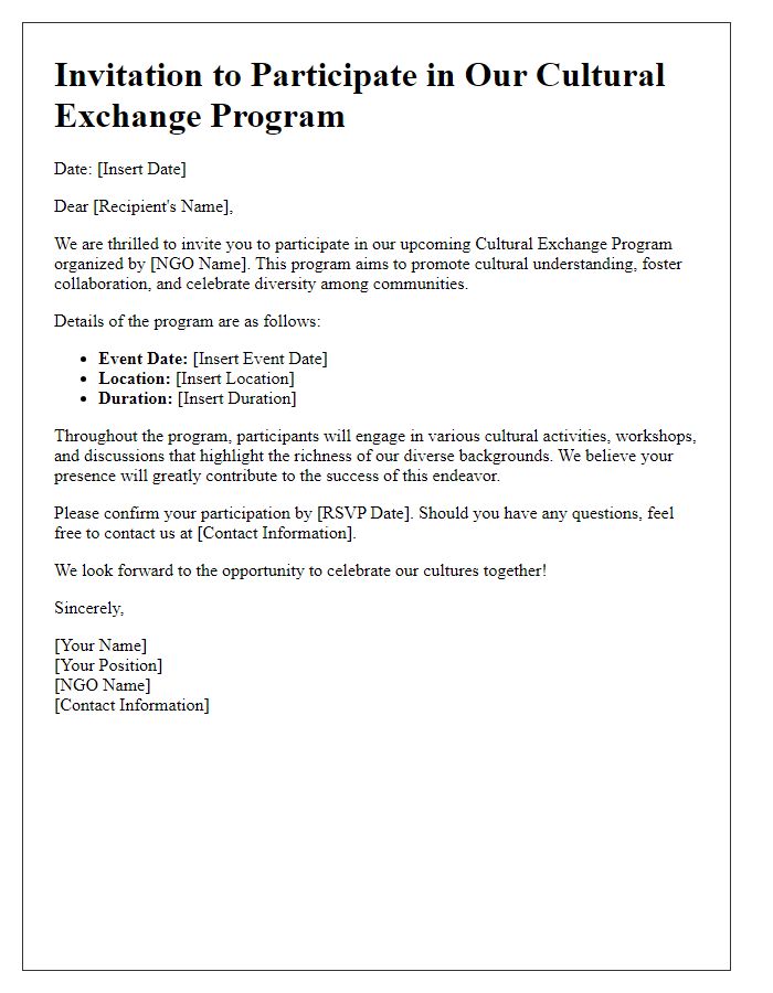 Letter template of invitation for NGO cultural exchange program participation