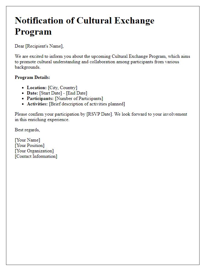 Letter template of notification for cultural exchange program details