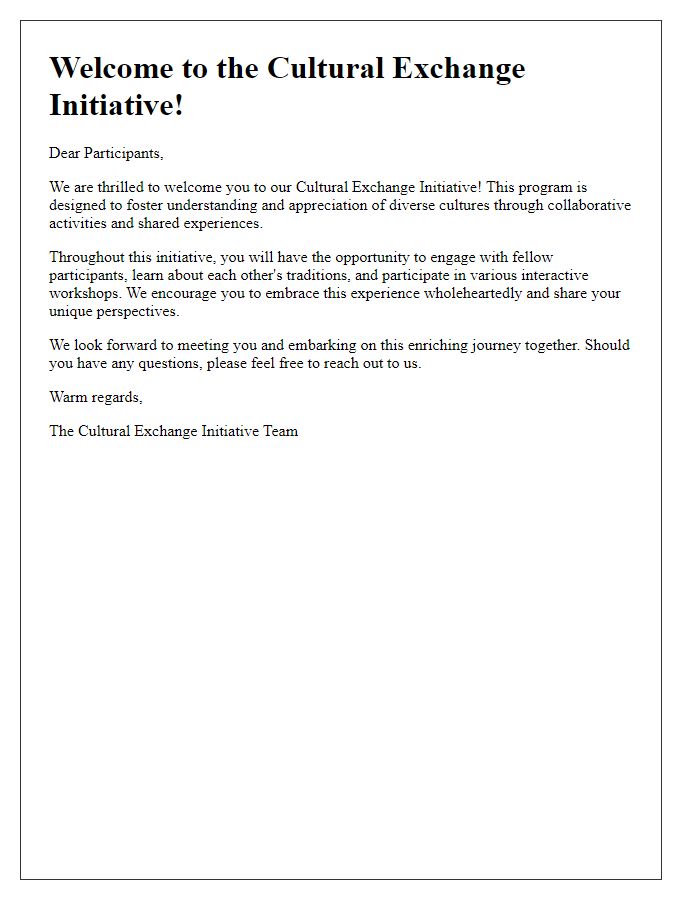 Letter template of welcome for participants of the cultural exchange initiative