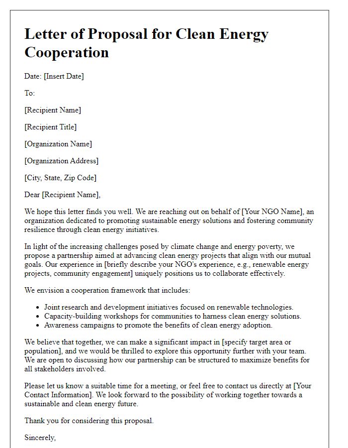 Letter template of NGO clean energy cooperation proposal.