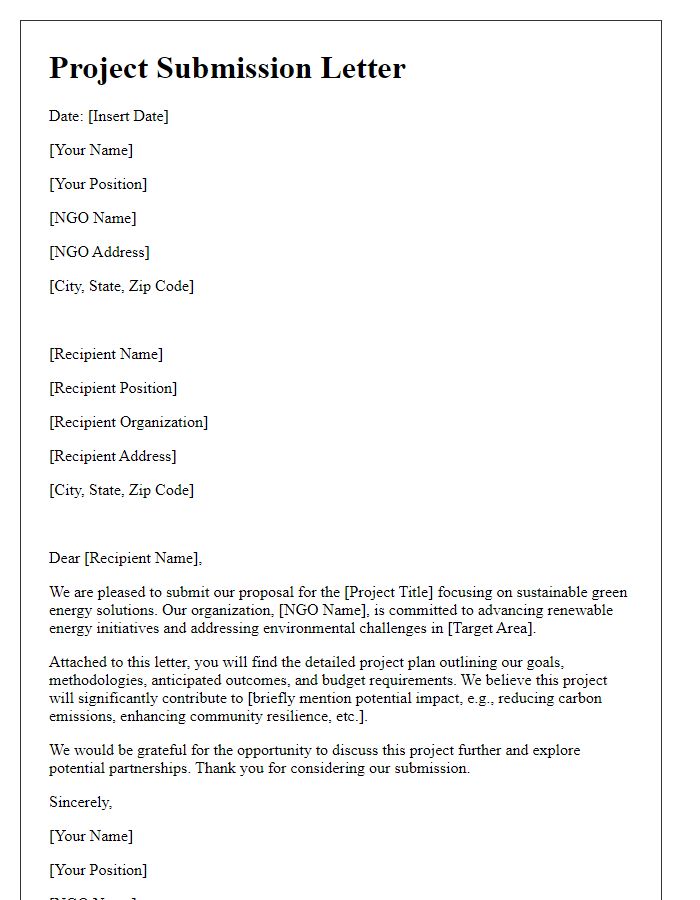 Letter template of NGO green energy project submission.