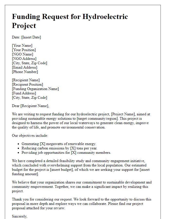 Letter template of NGO hydroelectric project funding request.