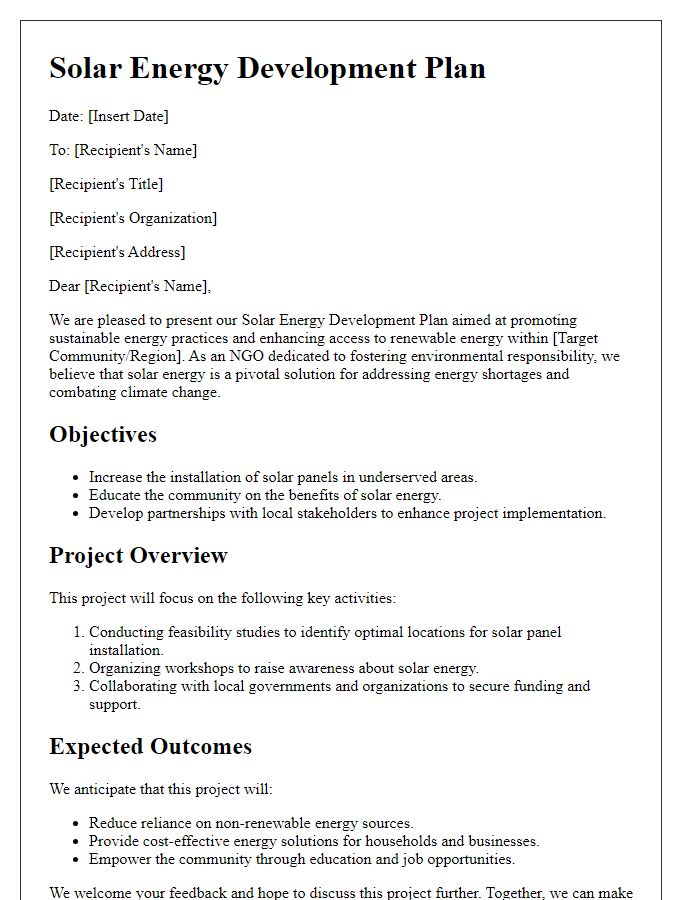 Letter template of NGO solar energy development plan.