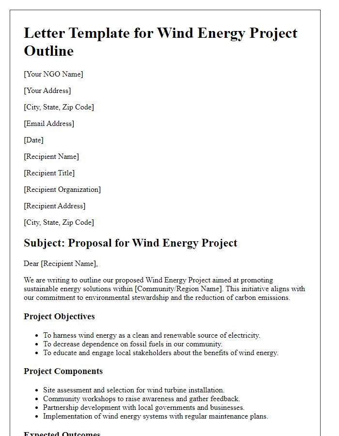 Letter template of NGO wind energy project outline.