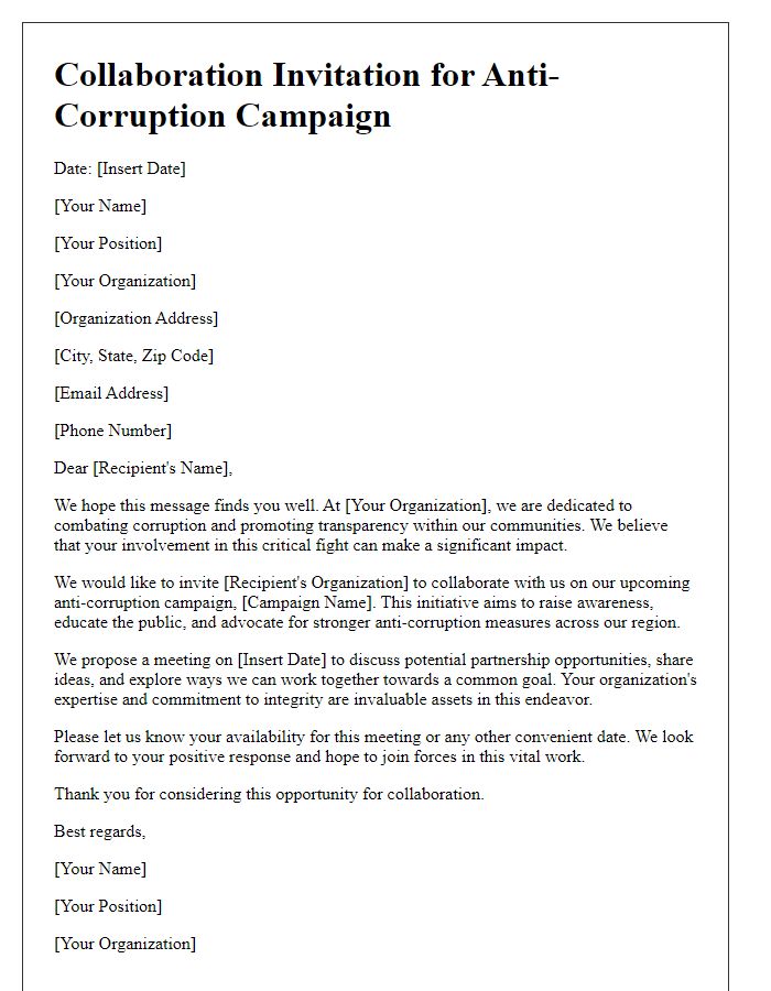 Letter template of NGO anti-corruption campaign collaboration invitation