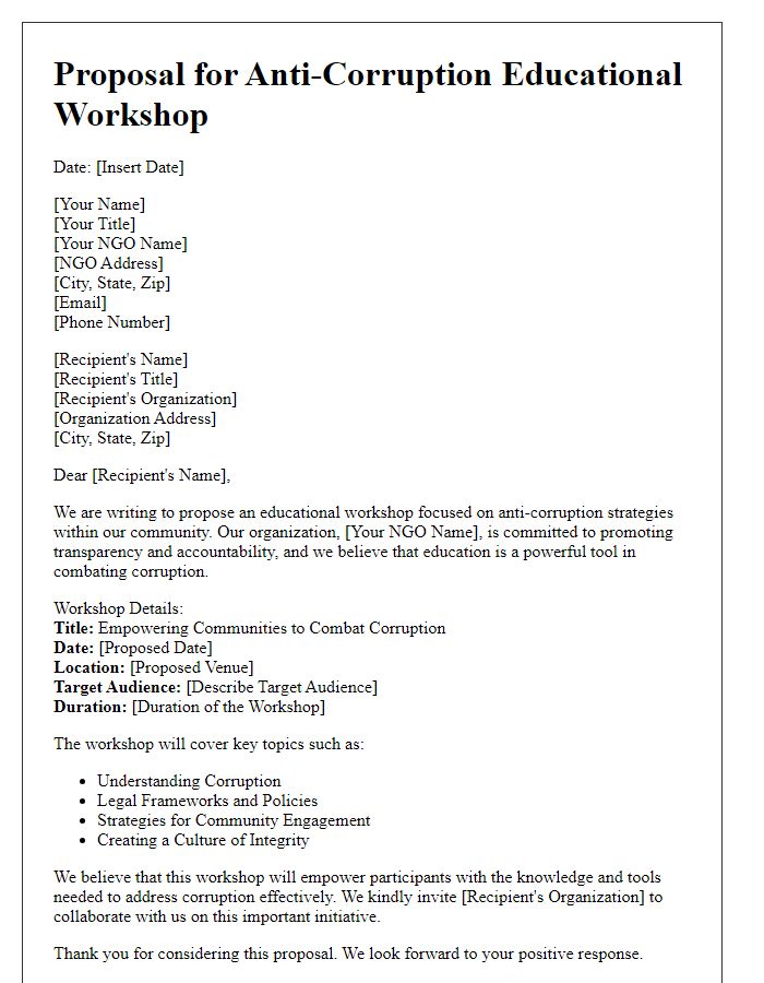 Letter template of NGO anti-corruption campaign educational workshop proposal