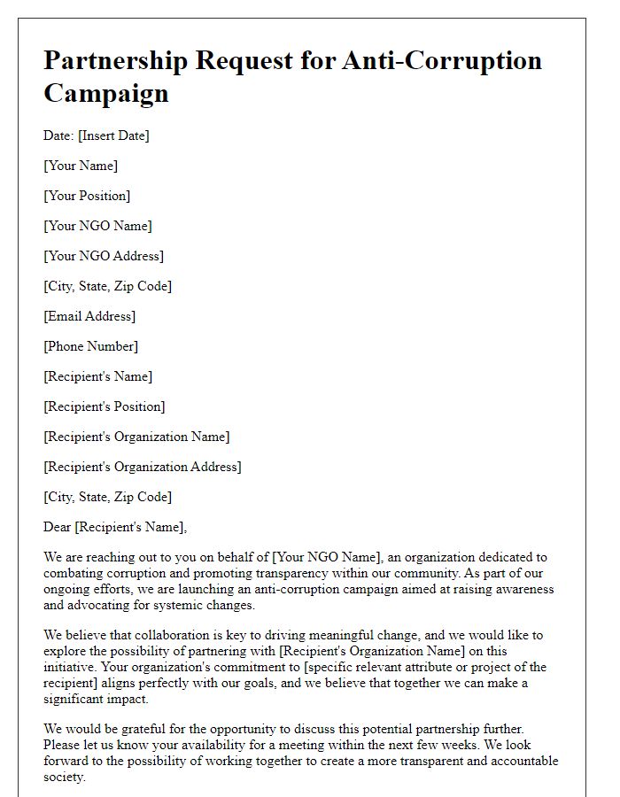 Letter template of NGO anti-corruption campaign partnership request