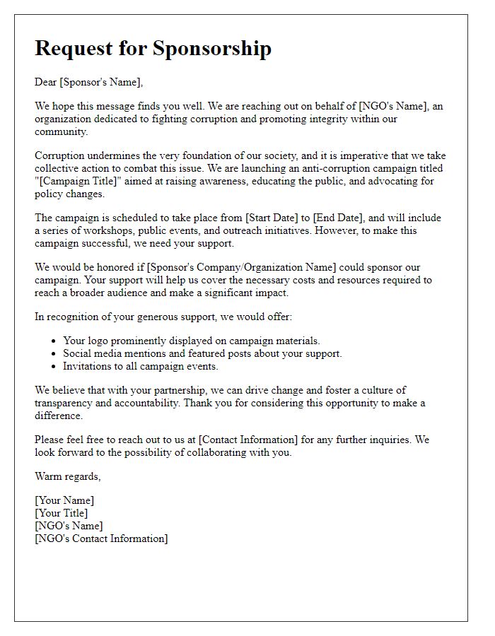 Letter template of NGO anti-corruption campaign sponsorship appeal