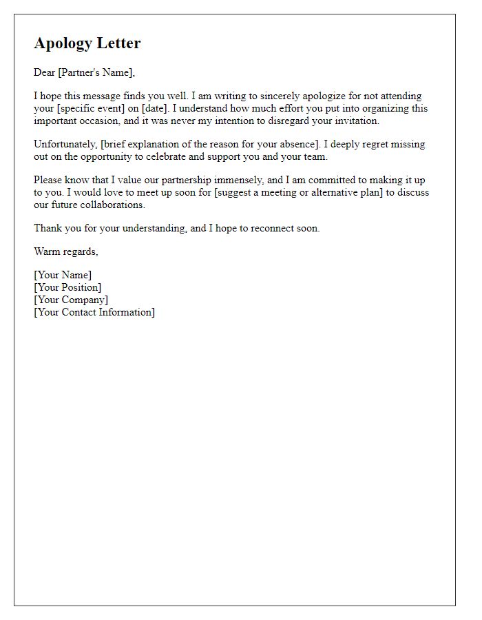 Letter template of apology for disregarding an essential partner's event.