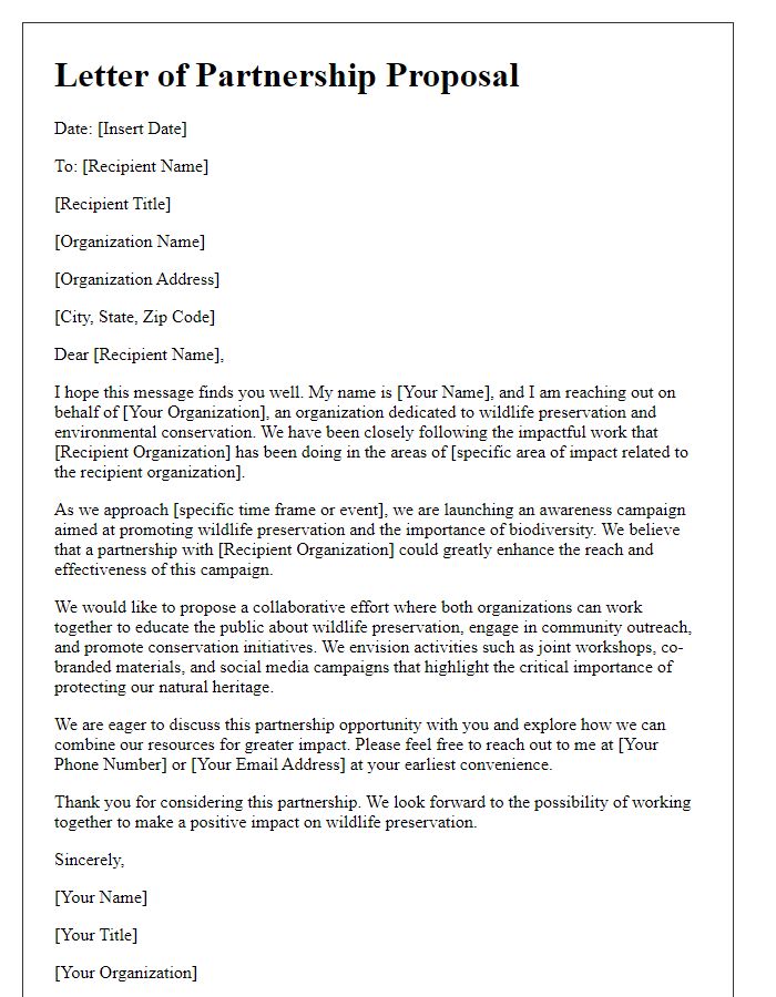 Letter template of awareness campaign partnership for wildlife preservation.