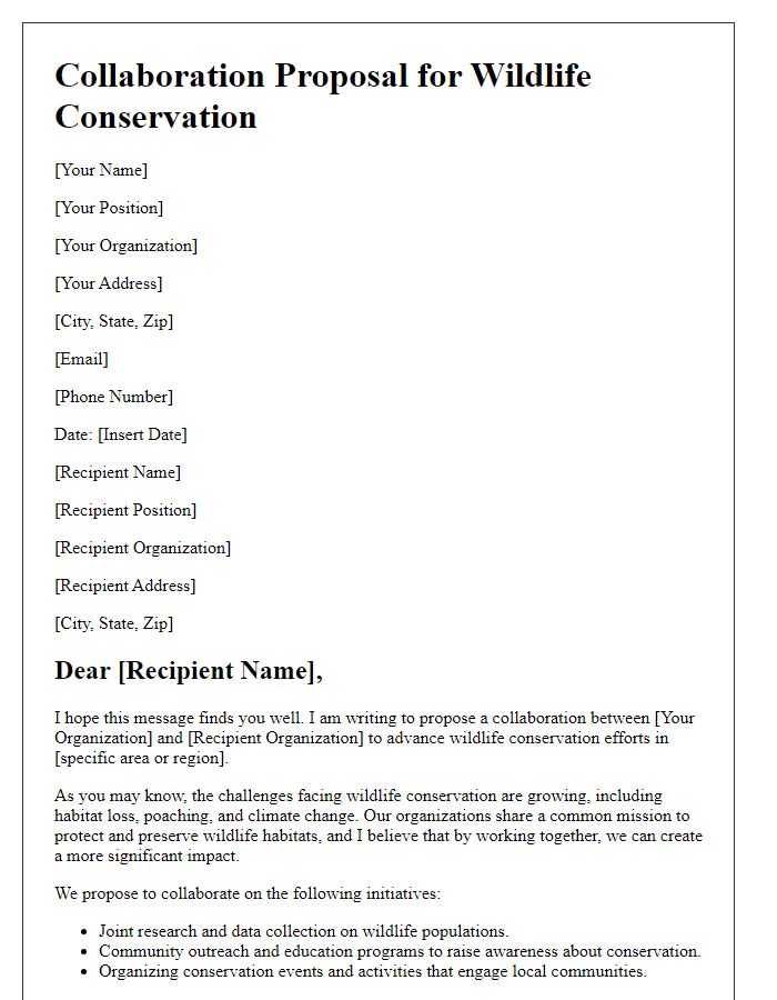 Letter template of collaboration proposal for wildlife conservation NGO.