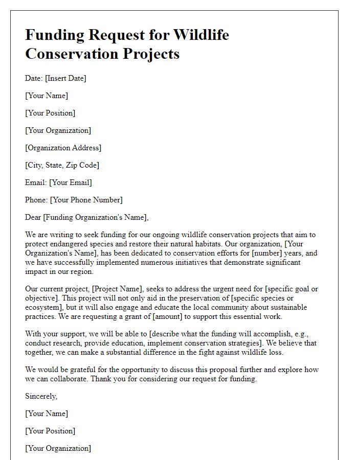 Letter template of funding request for wildlife conservation projects.