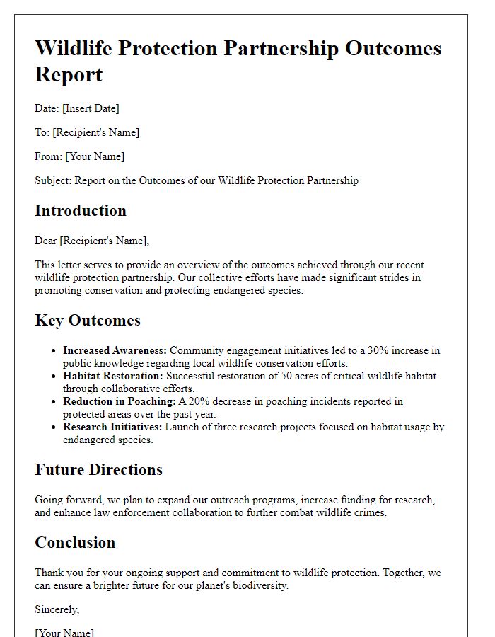 Letter template of report on wildlife protection partnership outcomes.