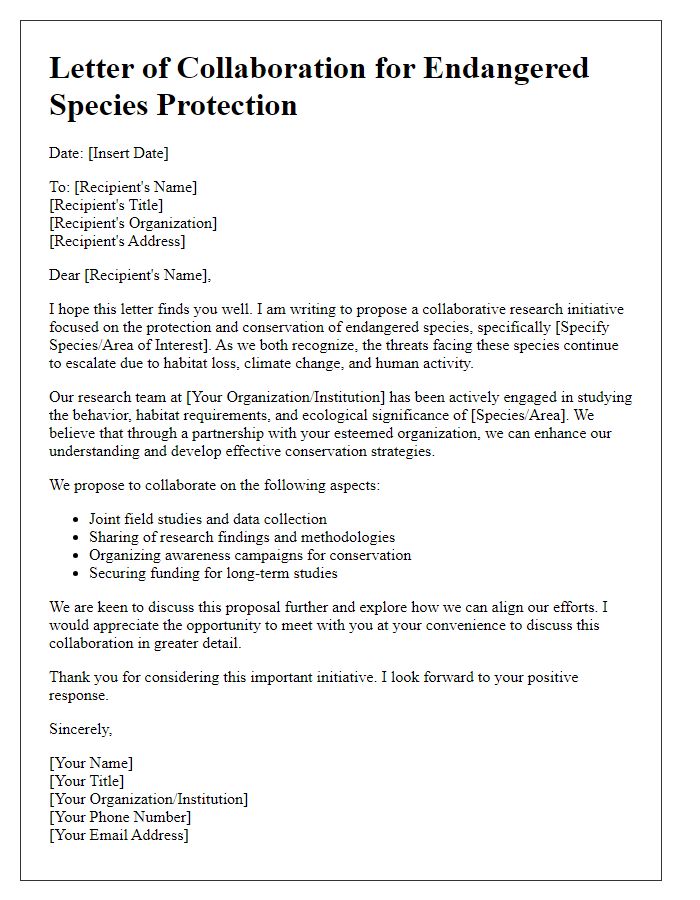 Letter template of research collaboration for endangered species protection.