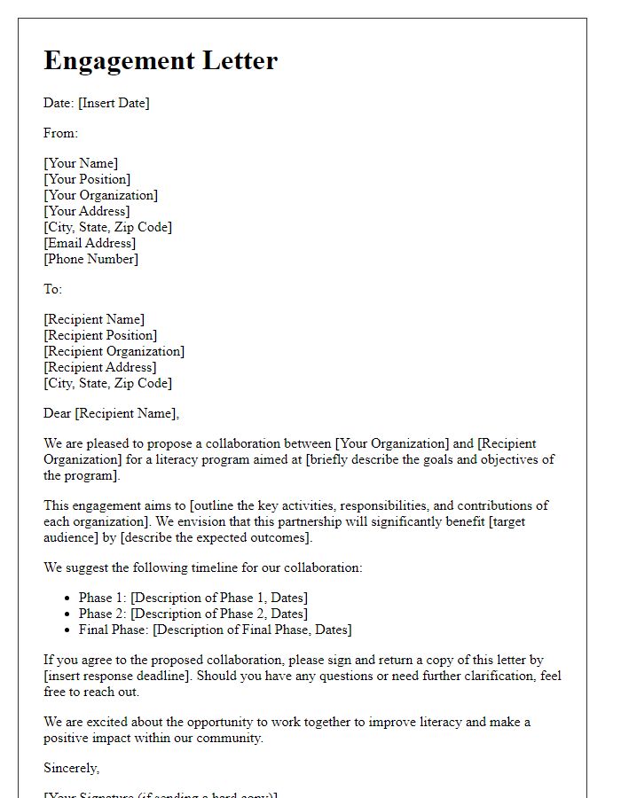 Letter template of engagement letter for literacy program collaboration