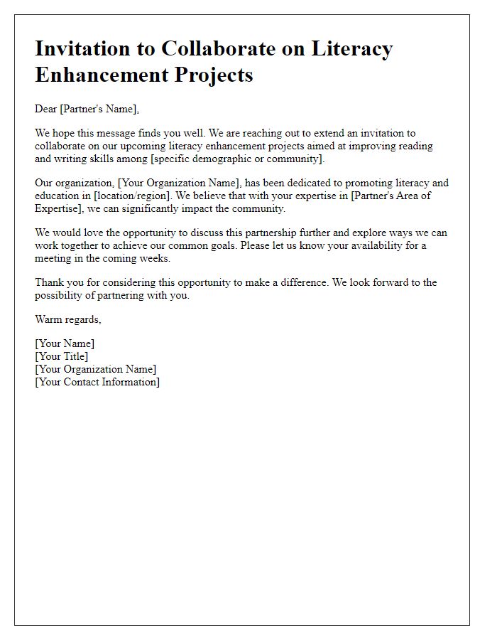 Letter template of invitation to partner on literacy enhancement projects