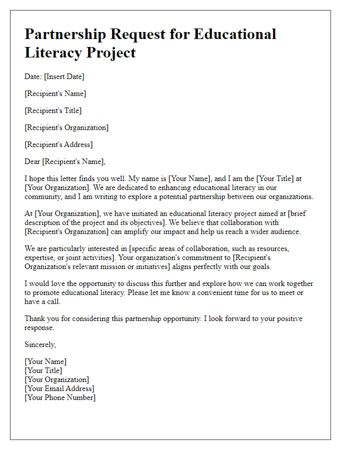 Letter template of partnership request for educational literacy project