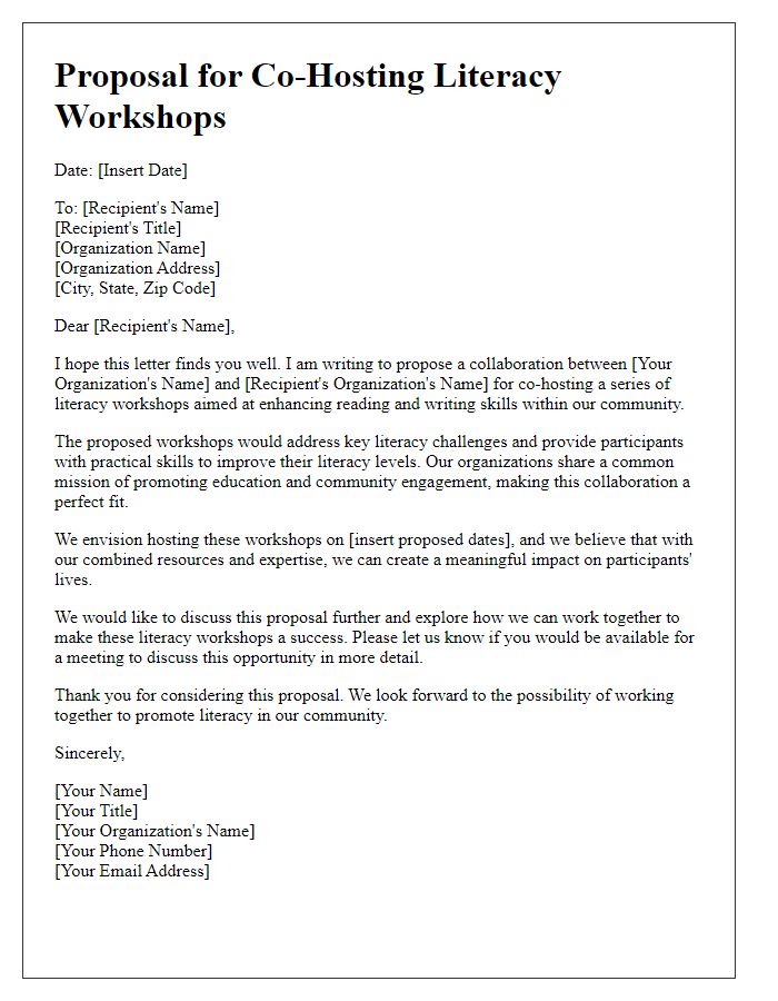 Letter template of proposal for co-hosting literacy workshops