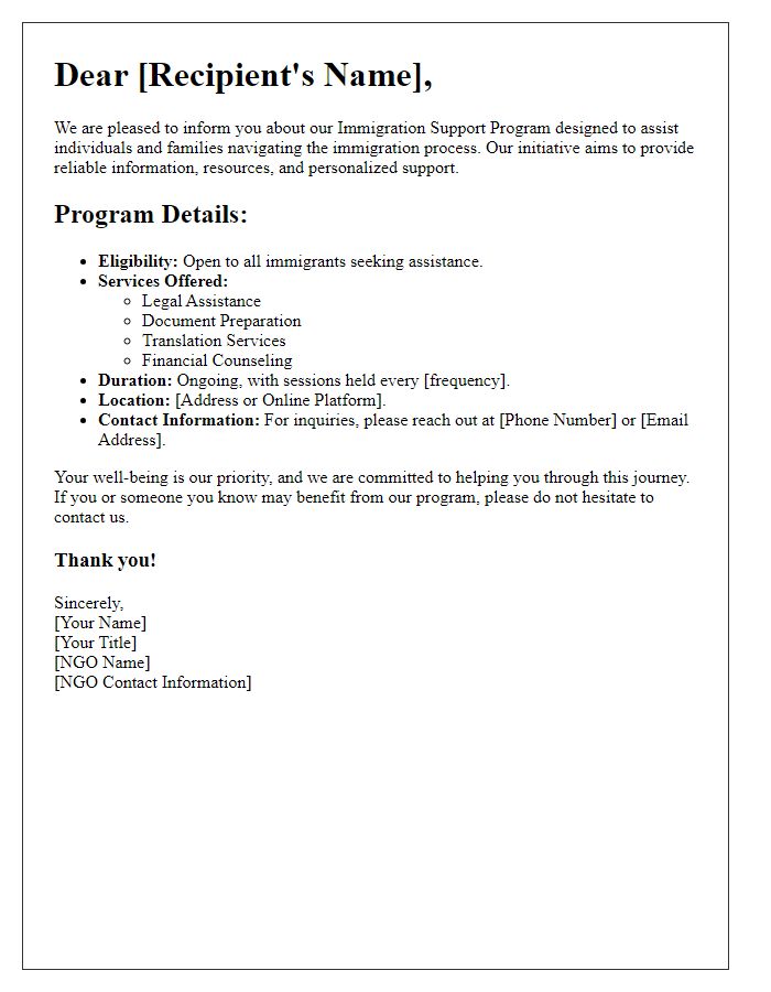 Letter template of NGO for immigration support program details