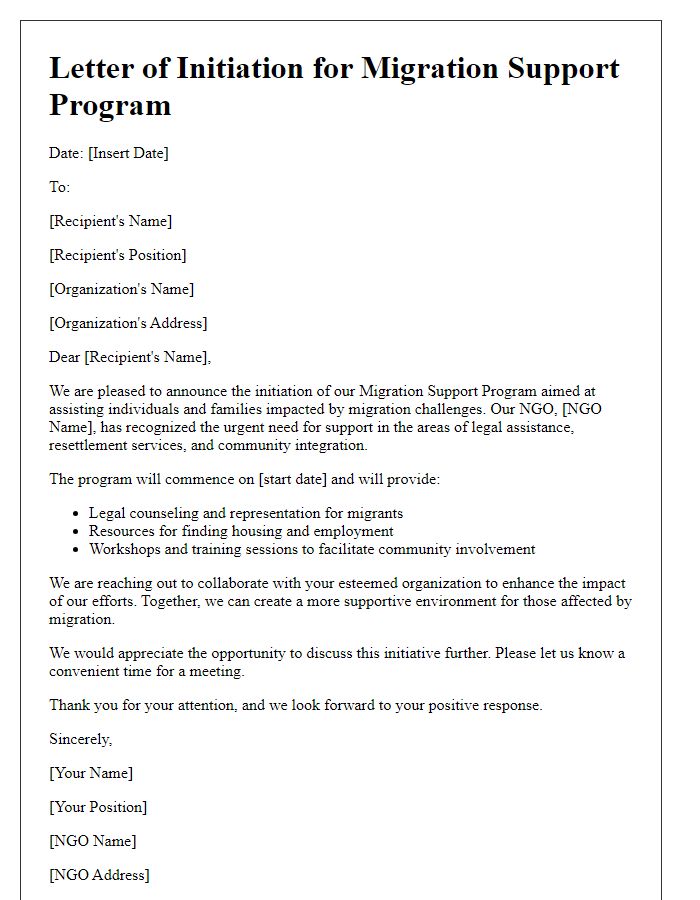 Letter template of NGO migration support program initiation