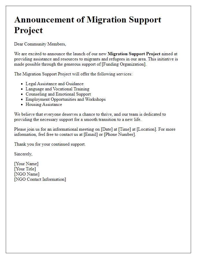 Letter template of NGO migration support project announcement