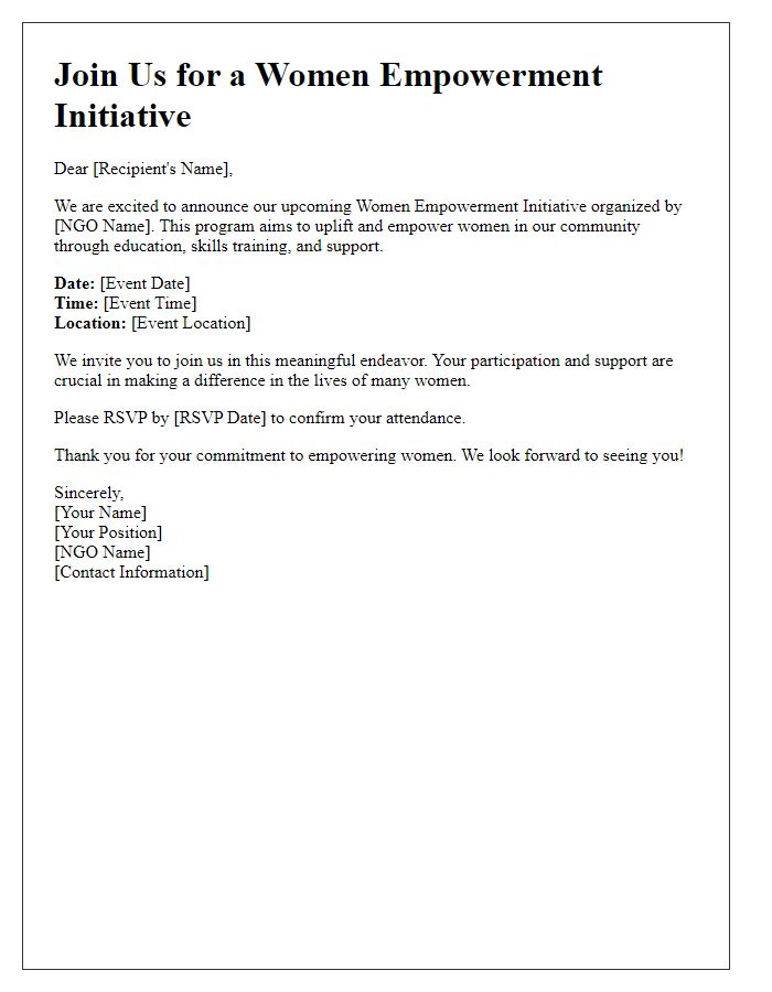 Letter template of Join Us for a Women Empowerment Initiative by NGO