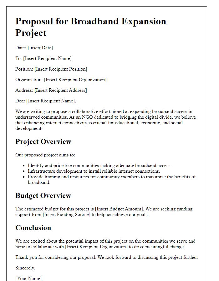 Letter template of NGO broadband expansion project proposal.