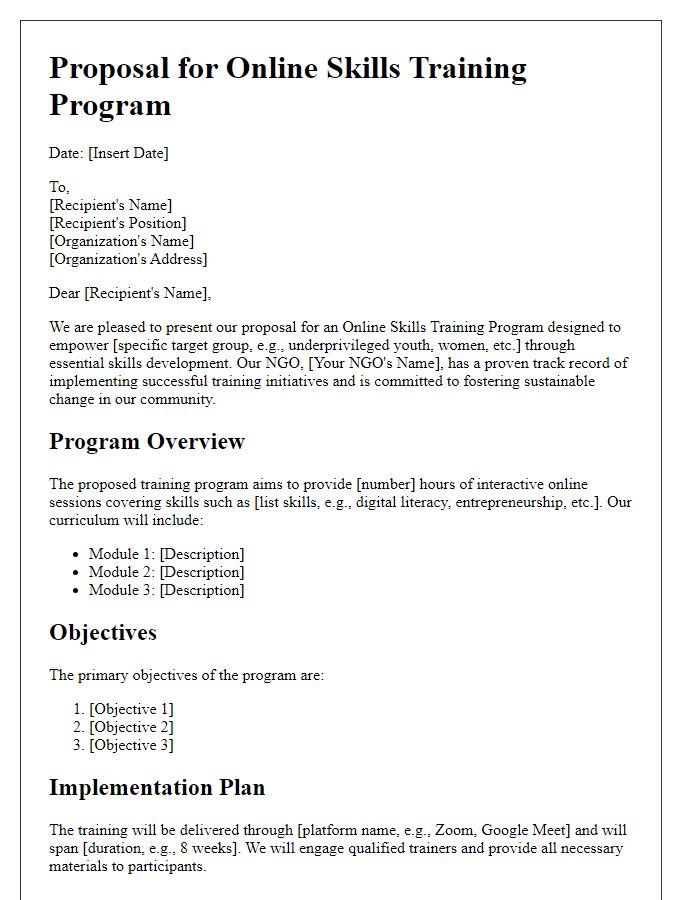 Letter template of NGO online skills training proposal.