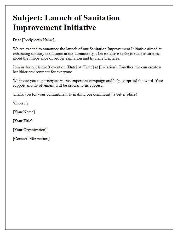 Letter template of awareness campaign launch for sanitation improvement initiative.