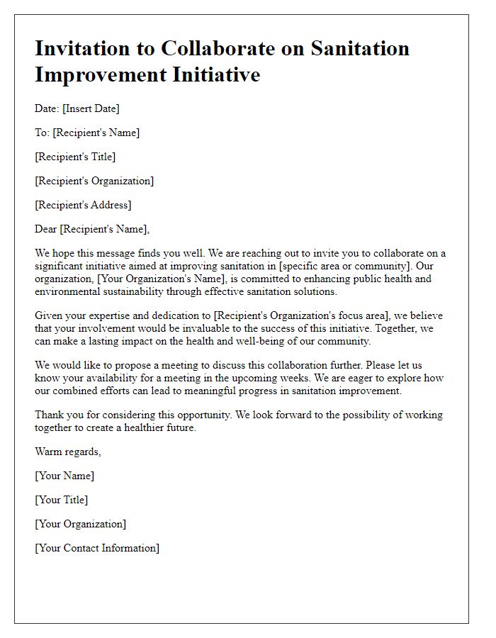 Letter template of collaboration invitation for sanitation improvement initiative.