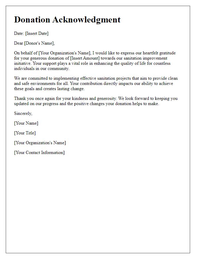 Letter template of donation acknowledgment for sanitation improvement initiative.