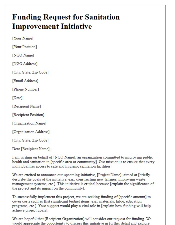 Letter template of funding request for NGO sanitation improvement initiative.